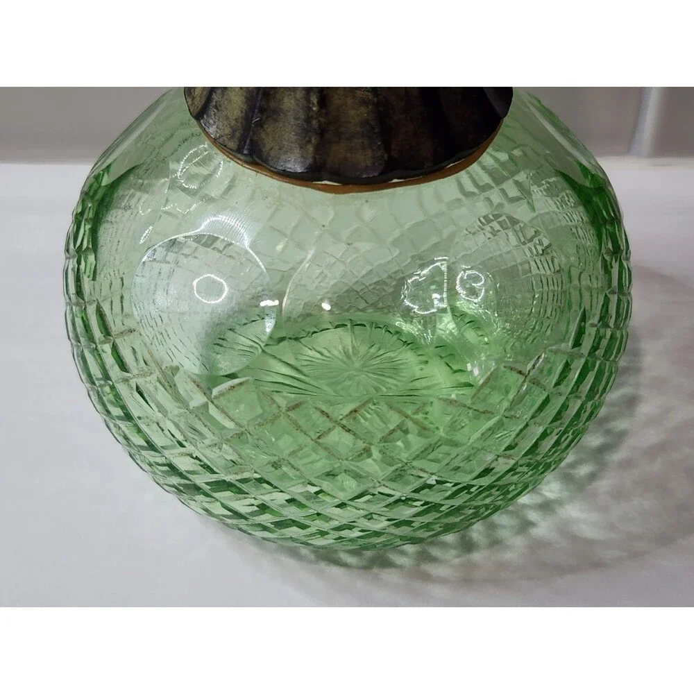 Vintage Small Green Decanter Cologne Bottle with Stopper Metal Collar Cut Glass